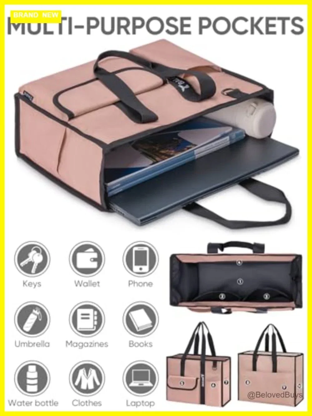 Large Utility Tote Bag with Reinforced Bottom, Multi Pockets Foldable for